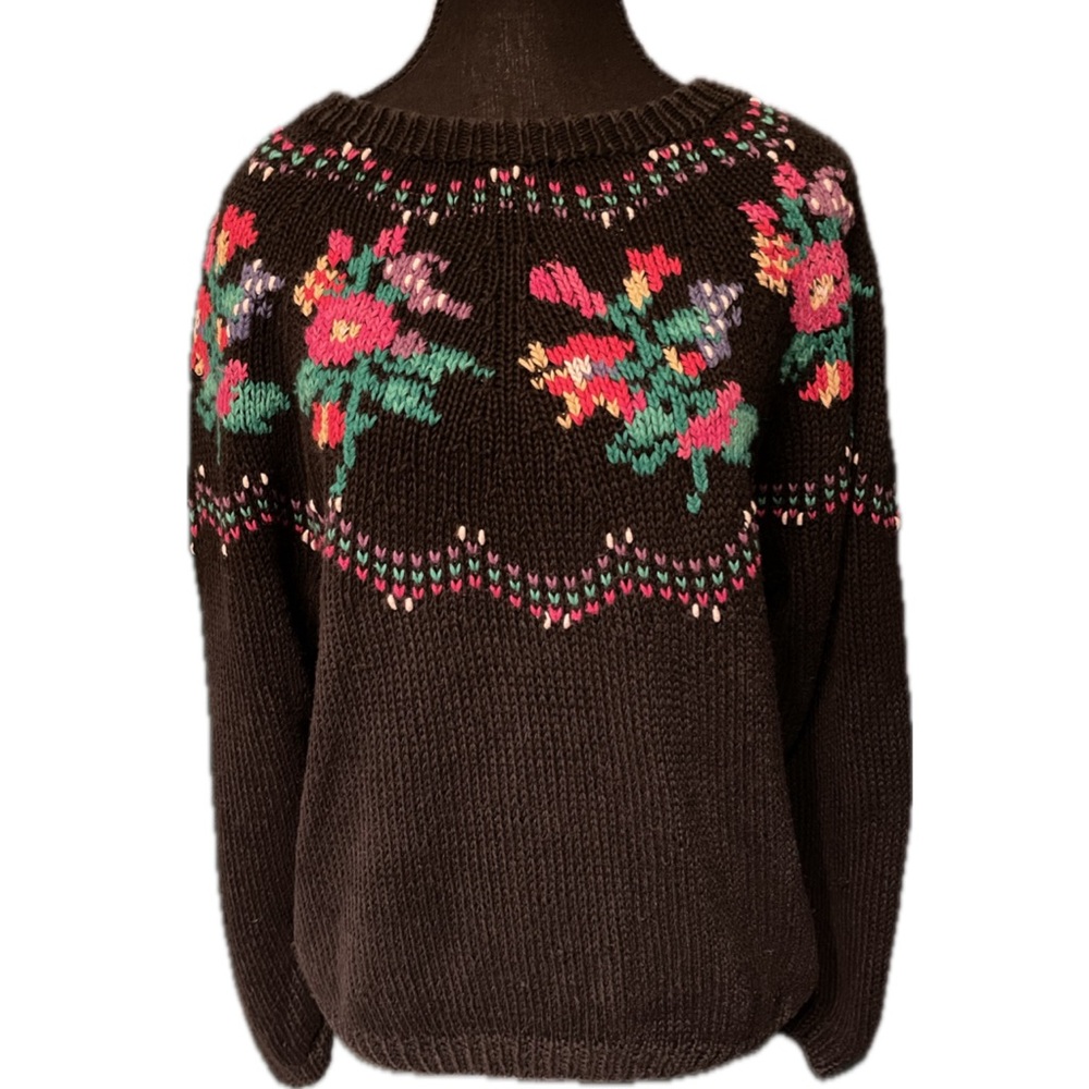 Vintage 80s / 90s Women’s Black Floral Knit Sweater Cambridge Dry Goods S